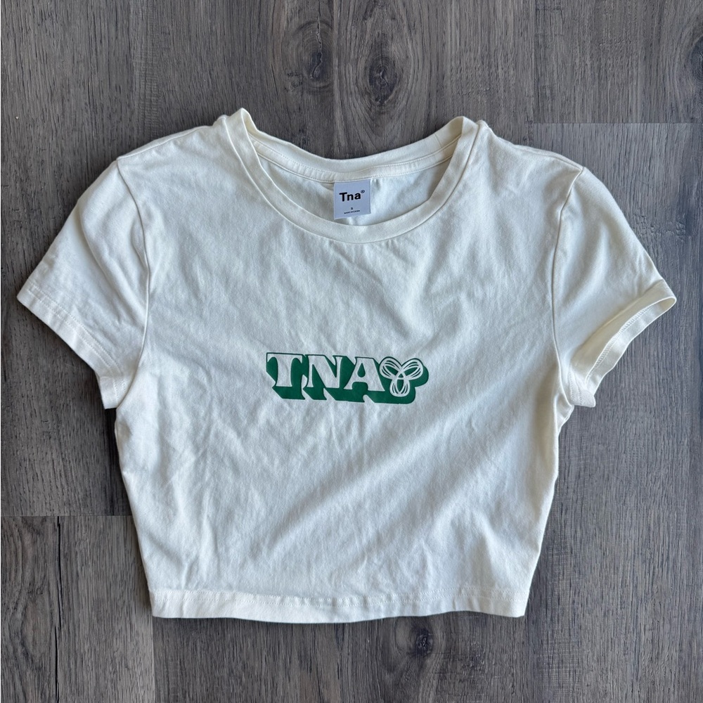 TNA Ivory Crop Tee with Green Logo
